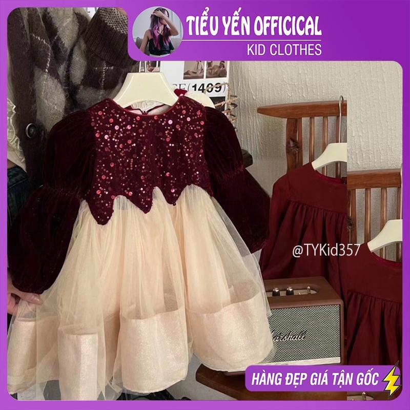 Quần áo trẻ em, Váy nhung đỏ cao cấp bé gái, đính kim sa voan tơ bồng bềnh cho bé 13-30kg V357 | Tiểu Yến KID