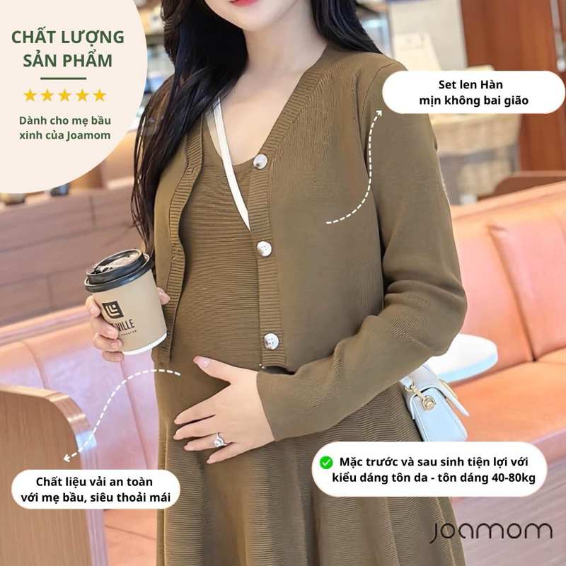 Set len bầu áo kèm váy đầm bầu xòe dáng dài dày dặn co giãn Joamom L205