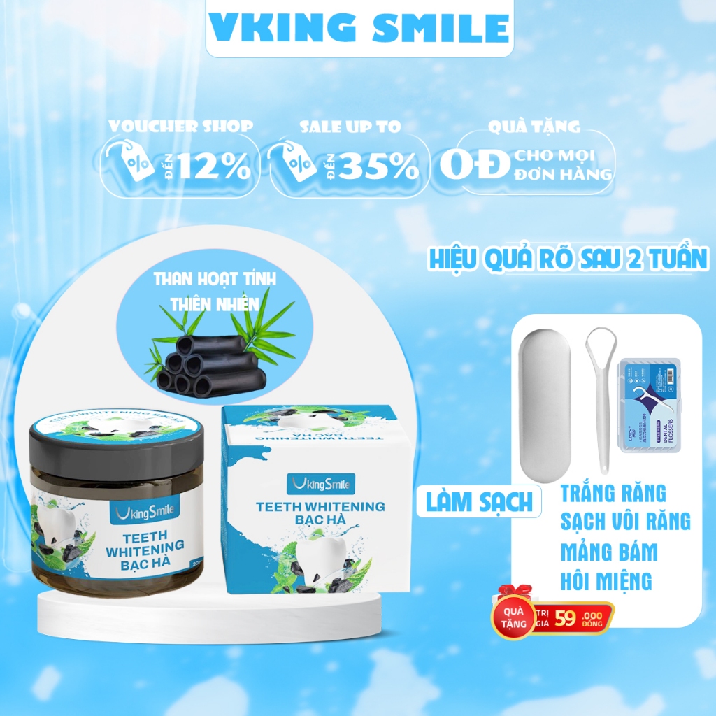 Bột trắng răng VKINGSMILE vị Quế Trà Xanh Bạc Hà than tre hoạt tính tự nhiên làm sạch mảng bám hết hôi miệng giảm viêm