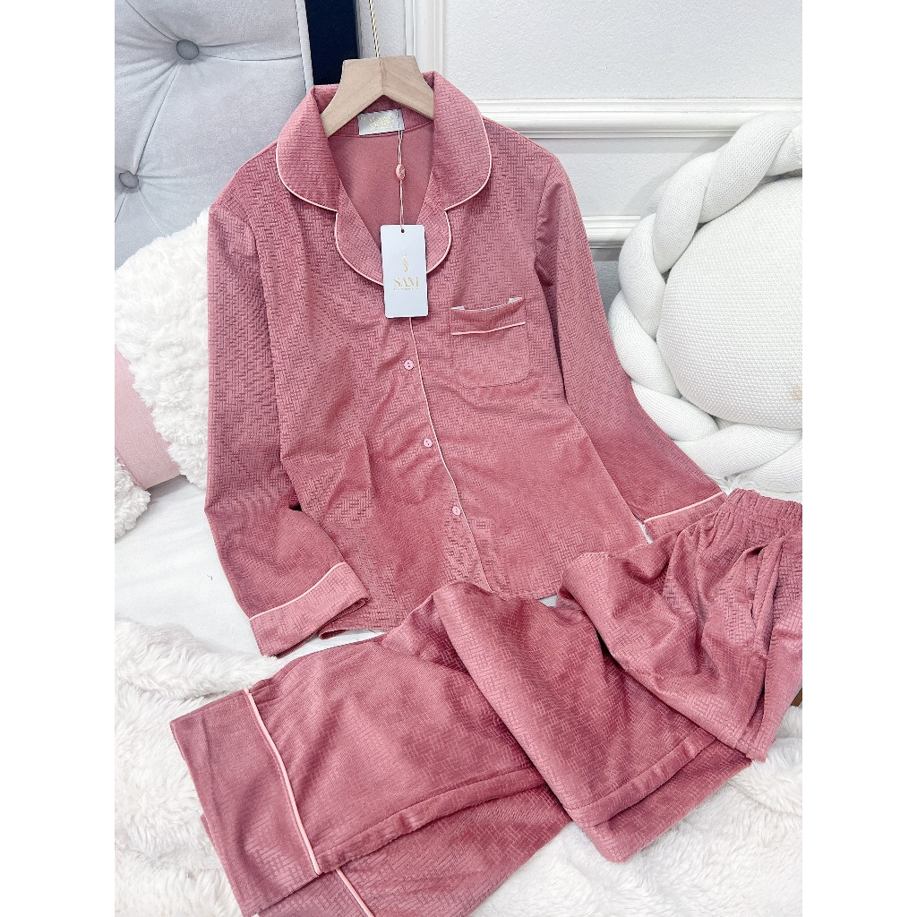 Set nhung tăm Sam cao cấp, họa tiết chìm tinh tế, kiểu dài tay quần dài, chất mềm mịn, dày dặn