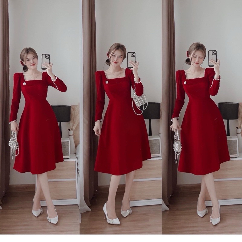 Đầm cổ vuông nhung viền hạt