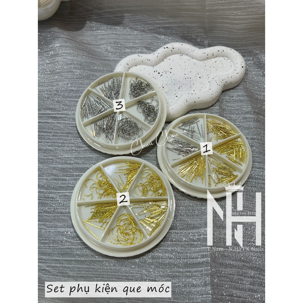 Set phụ kiện vàng bạc que móc, phụ kiện que trang trí móng, phụ kiện móc trang trí móng, phụ kiện nail chính hãng