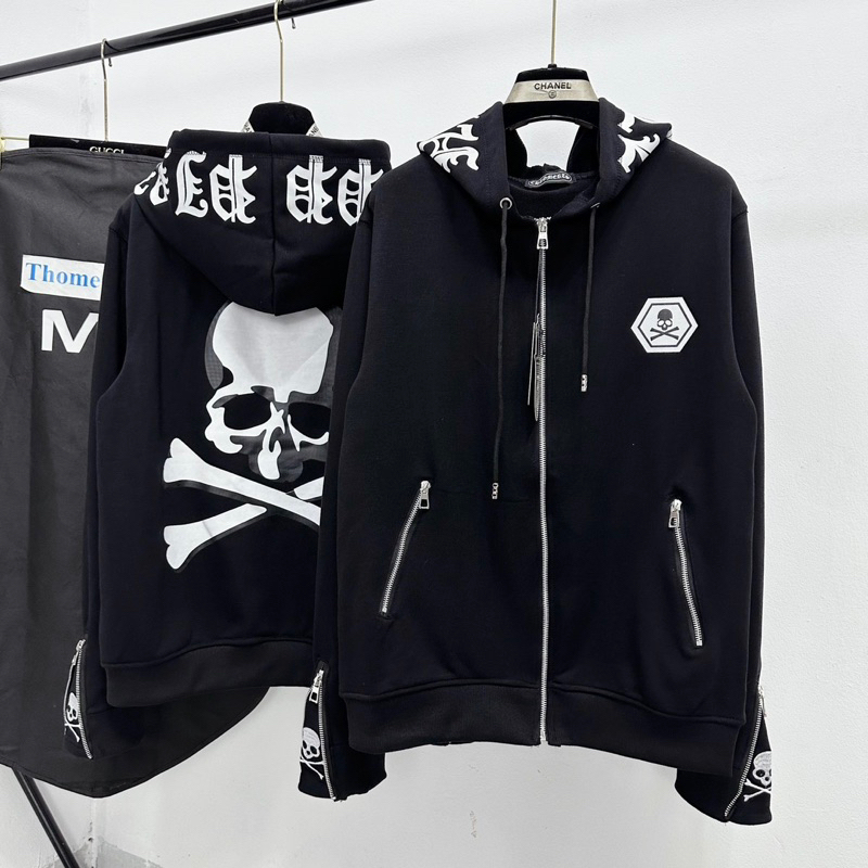Áo khoác hoodie zip nam nữ Phillip Plein nỉ chân cua in đầu lâu xương chéo hai mặt zip ống tay