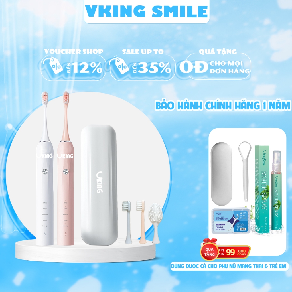 Bàn chải điện VKINGSMILE nâng cấp mới đi kèm 2 đầu chải siêu sóng âm làm trắng răng, giảm mảng bám sạch vi khuẩn