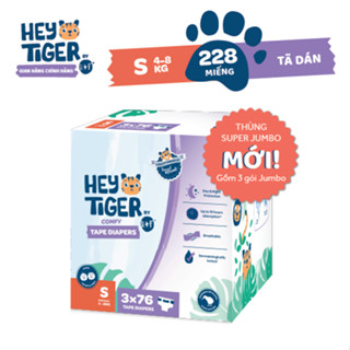 Thùng Tã/Bỉm Dán Hey Tiger Super Jumbo Size S (4-8kg) - 228 miếng