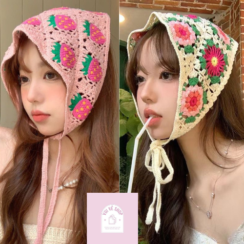 Khăn Choàng Cổ Dệt Kim Tam Giác Thêu Hình Dâu Hoa, Khăn Trùm Đầu, Băng Đô Đan Len Dành Cho Nữ Dễ Thương | Vui Vẻ Shop