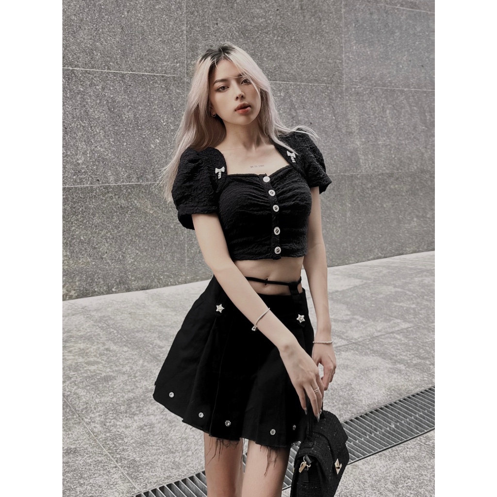 THE FANCE | Chân váy kaki cạp cao xếp ly thắt dây eo có quần đính ngôi sao đá Y2K tôn dáng CHILL NIGHT