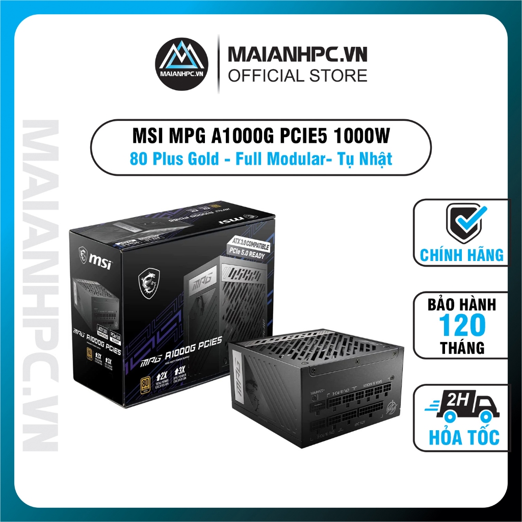 Nguồn máy tính MSI A1000G PCIE5 1000w ( 80 Plus Gold / Full Modular/Màu Đen) Hàng chính hãng bảo hành 10năm