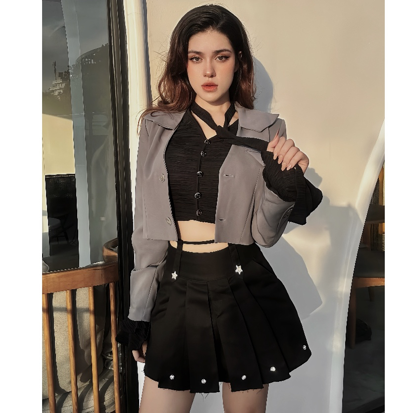 THE FANCE | Chân váy kaki cạp cao xếp ly thắt dây eo có quần đính ngôi sao đá Y2K tôn dáng CHILL NIGHT