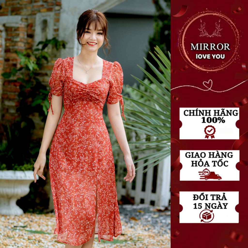 Váy hoa nhí đầm thiết kế đầm nữ tôn dáng đầm có tay phồng che khuyết điểm đầm công sở đầm đi chơi đầm du lịch
