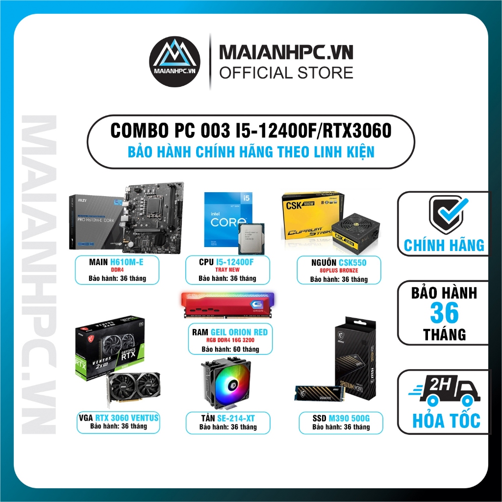 Combo PC gaming, đồ họa MAI ANH 003 linh kiện chính hãng bảo hành 36 tháng