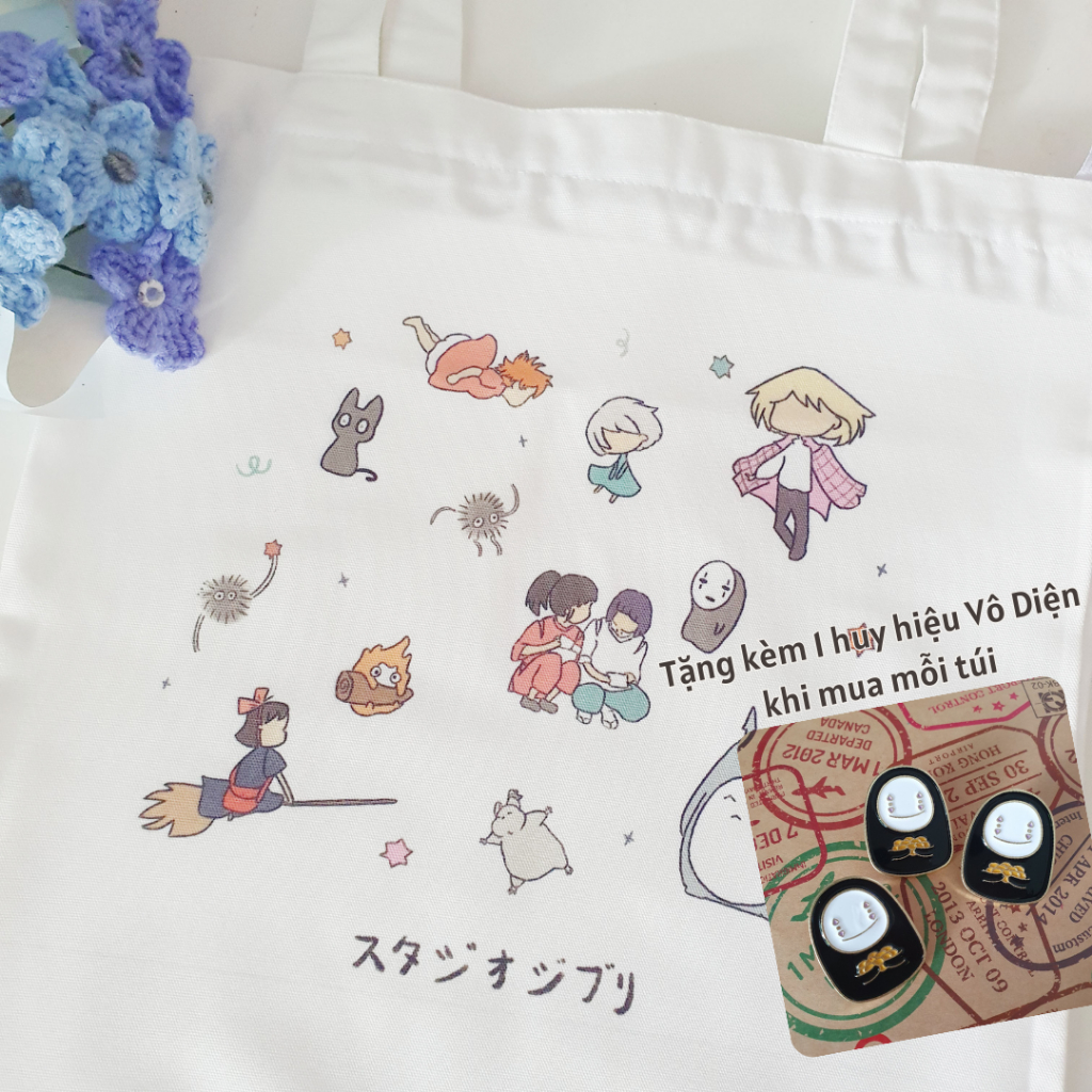 Túi tote vải có khóa kéo in hình Ghibli  - Sản phẩm của Penguin House