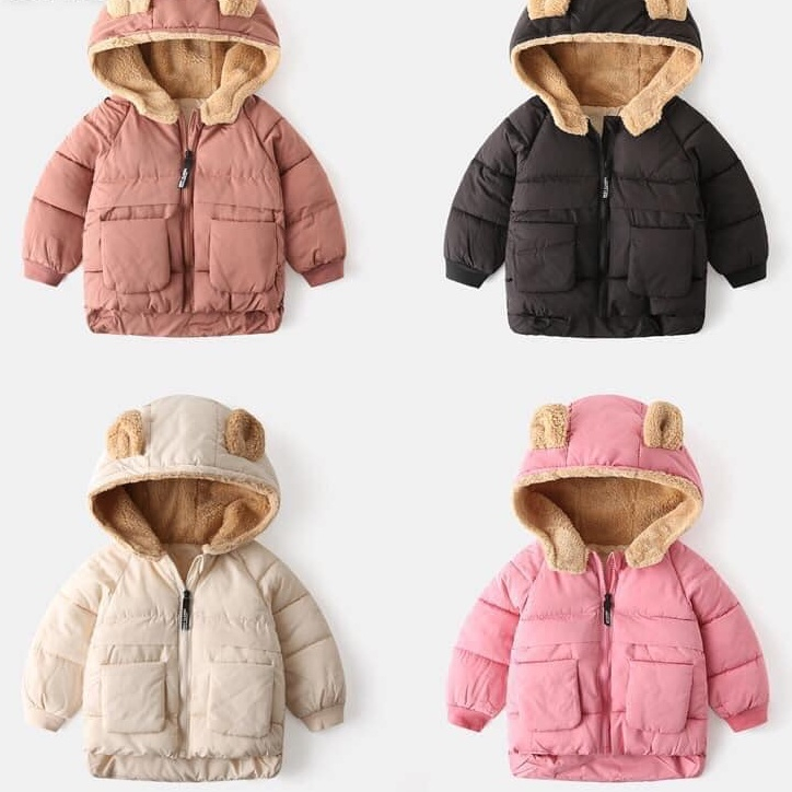 Áo khoác phao tai gấu lót lông mịn chất dày dặn ấm áp cho bé trai bé gái