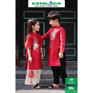 Sét áo dài cách tân Kem kids Bé trai bé gái thêu hoa size 8-28kg. Sét áo dài mặc tết