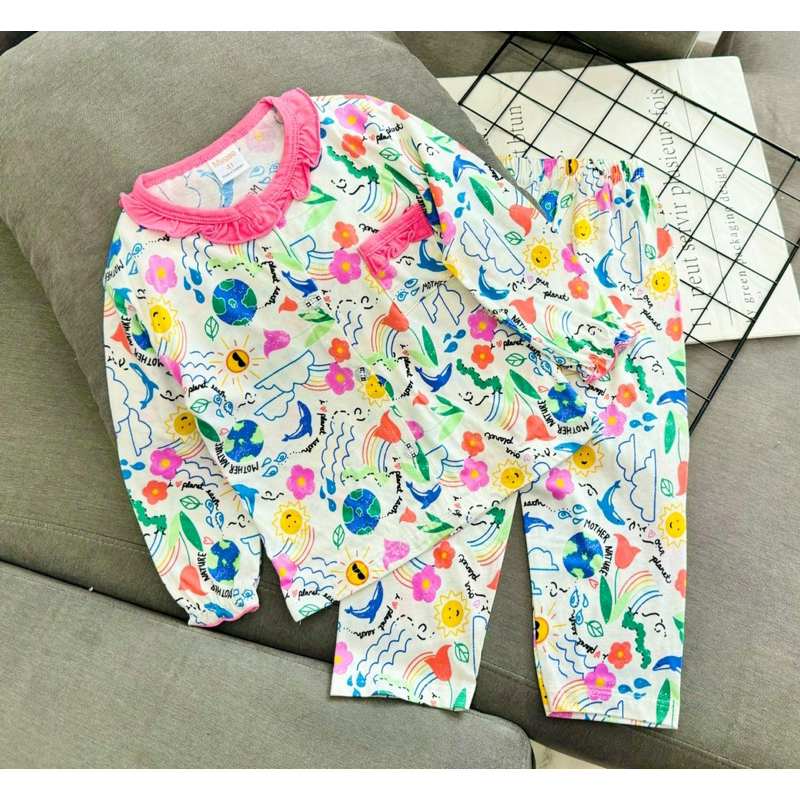 10-22kg | Bộ ngủ dài bé gái cài nút có túi, thun cotton xuất