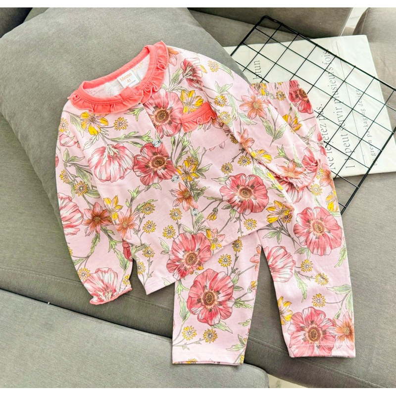 10-22kg | Bộ ngủ dài bé gái cài nút có túi, thun cotton xuất