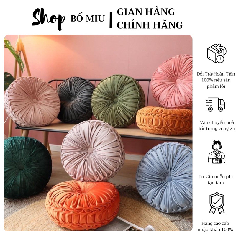 Gối tựa lưng sofa, gối decor đệm ngồi bệt tròn hình bí ngô bánh xe sang chảnh, vải nỉ nhung cao cấp mẫu mới size 40x40cm