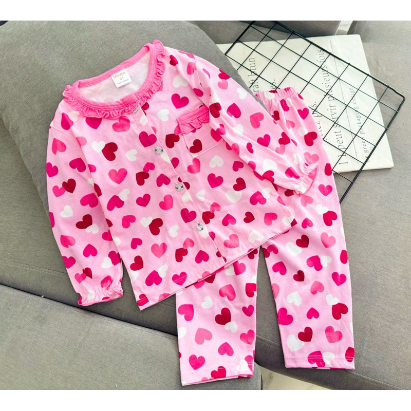 10-22kg | Bộ ngủ dài bé gái cài nút có túi, thun cotton xuất