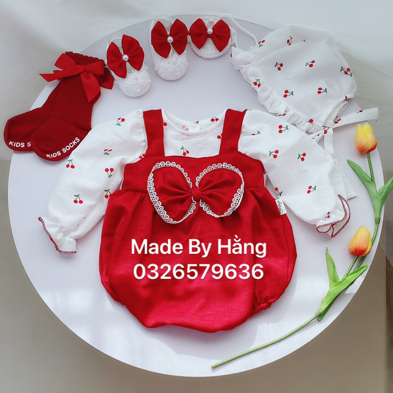 Body yếm đỏ phối cherry, set đồ sơ sinh cho bé gái, set đồ đầy tháng thôi nôi