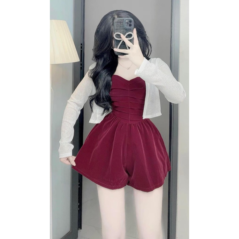SET JUM ỐNG ĐỎ XẾP LY NGỰC KÈM KHOÁC CROP TRẮNG