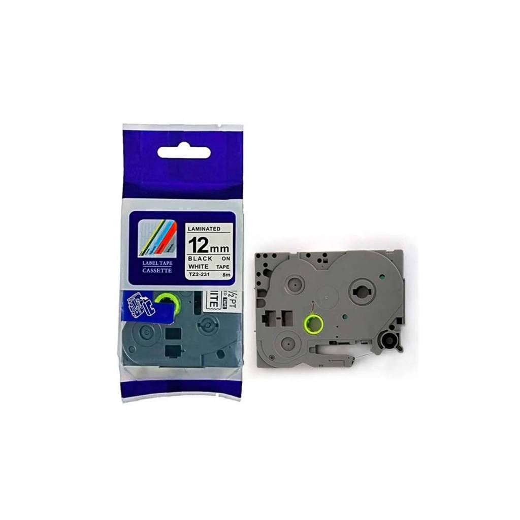 Nhãn in TZ2-231 dùng cho máy Brother PT-E110/P300BT/P710BT - Chữ đen nền trắng 12mm x 8m