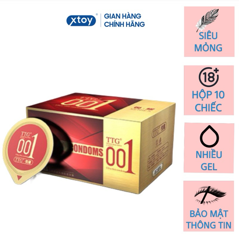 Bao cao su TGG 0.01mm siêu mỏng, kéo dài thời gian, gân gai, gel gốc nước, nhiều mùi hương, hộp 10 bcs TTG