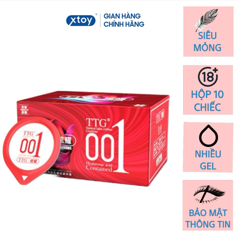 Bao cao su TGG 0.01mm siêu mỏng, kéo dài thời gian, gân gai, gel gốc nước, nhiều mùi hương, hộp 10 bcs TTG