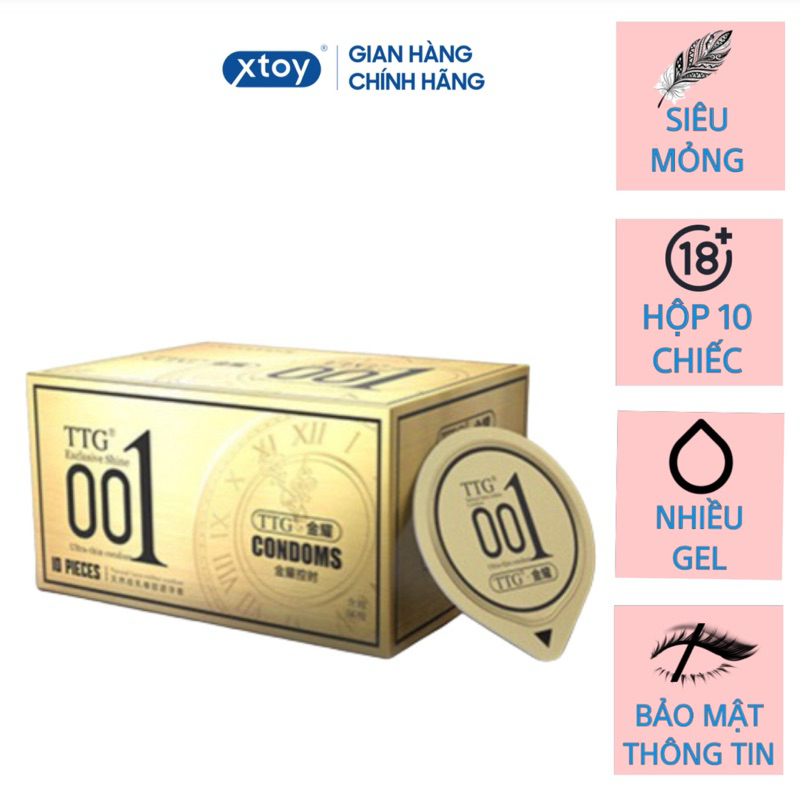 Bao cao su TGG 0.01mm siêu mỏng, kéo dài thời gian, gân gai, gel gốc nước, nhiều mùi hương, hộp 10 bcs TTG