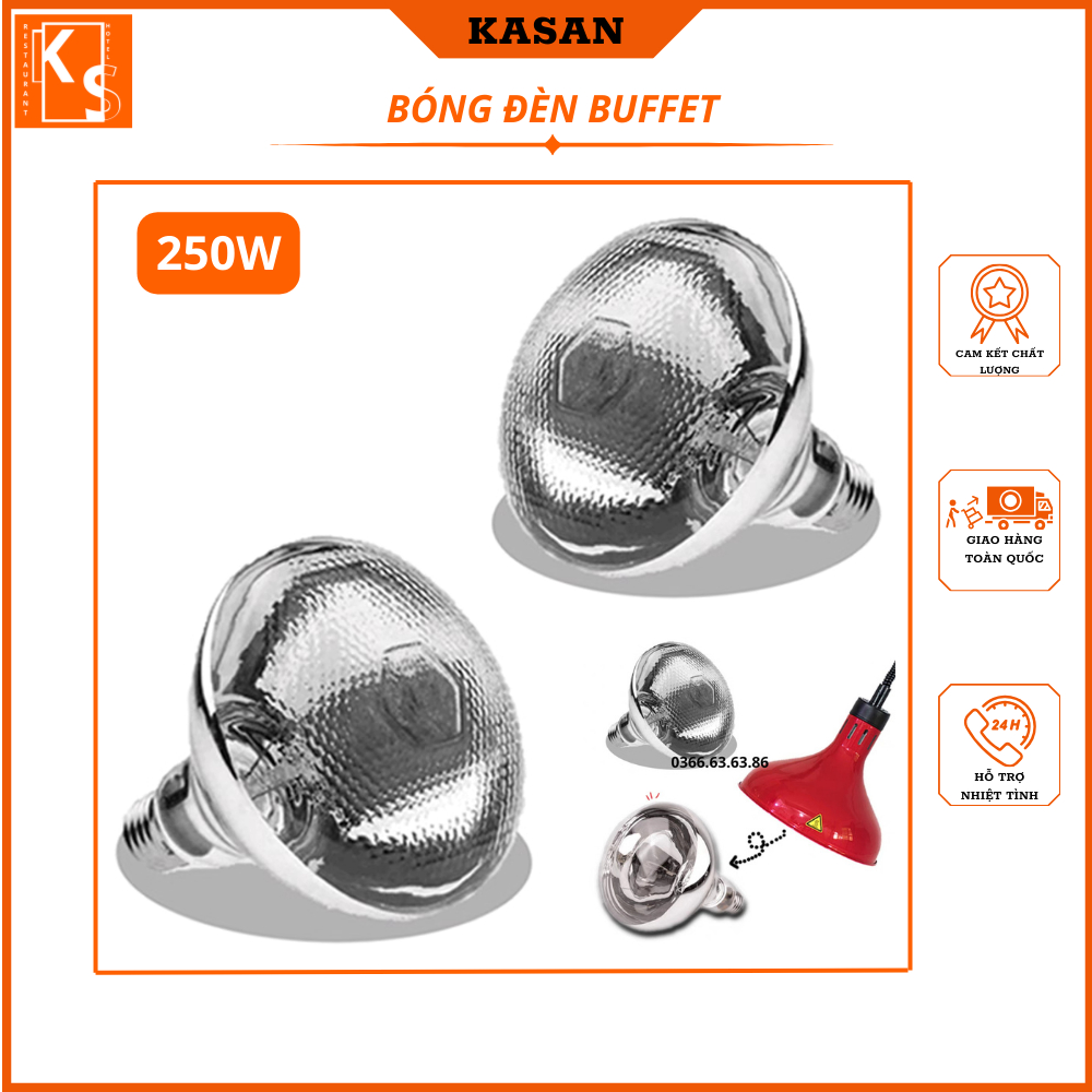 Bóng đèn buffet, bóng hâm nóng thức ăn 250w. chất liệu bóng thủy tinh mặt nhám, đuôi kim loại, dây tóc vonfram