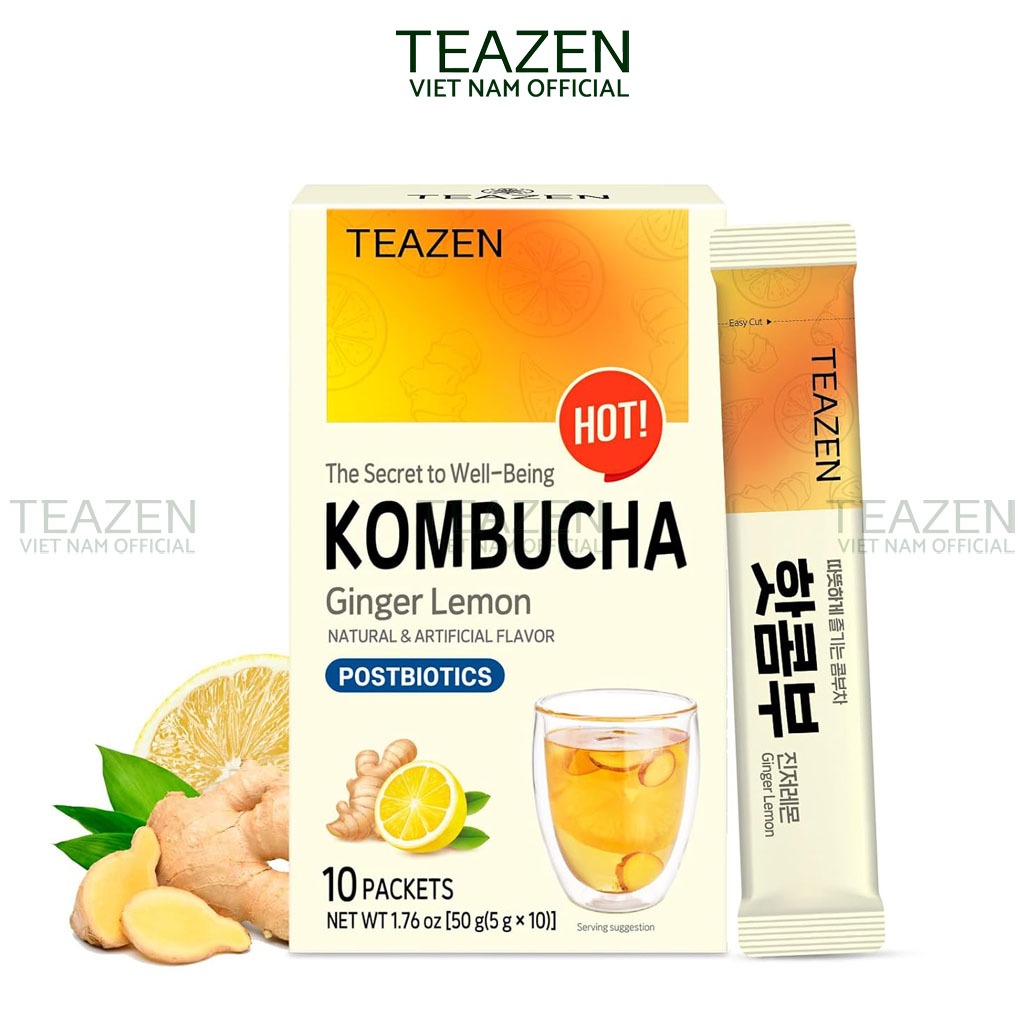 Trà Kombucha Hàn Quốc,Không Đường,Giúp Giảm Căng Thẳng,Hỗ Trợ Tiêu Hoá,Teazen Kombucha Ginger Lemon 