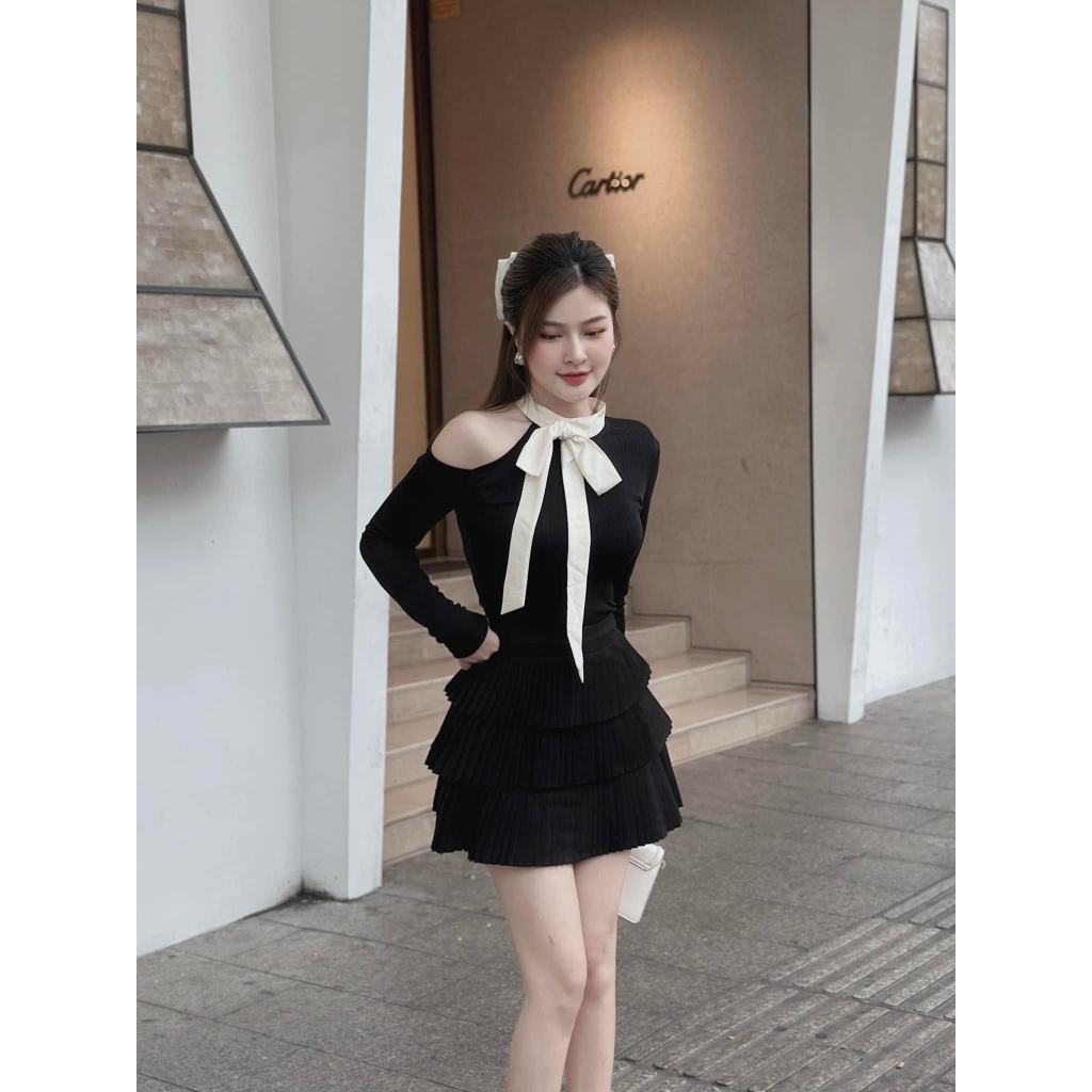 Set đen hở vai phối chân váy dập ly, set đồ nữ đi chơi áo tay dài phối chân váy phân tầng màu đen sang chảnh cho nàng