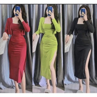 set 2 món bigsize 40-120kg đầm dài xẻ tà+ áo khoác ngoài