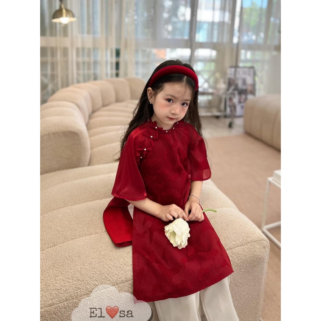 (SIZE NHÍ -ĐẠI )Sét áo dài đỏ cổ đan (tặng bờm)từ 1-8 tuổi annakids