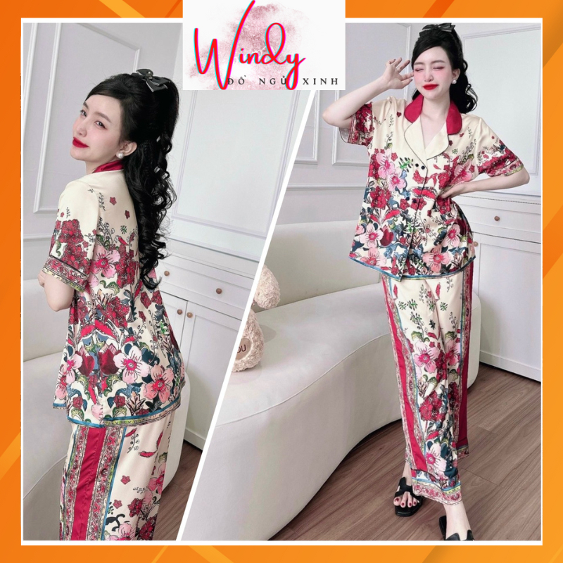 Đồ bộ ngủ pyjama nữ đẹp tay ngắn quần dài vải lụa latin in 3D cao cấp hàng thiết kế WINDY BOUTIQUE