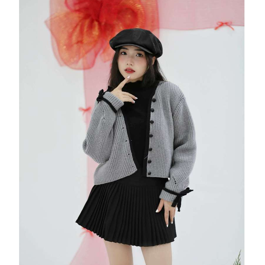 Áo khoác len nữ VMSTYLE cardigan croptop tay dài phối viền màu cài nút nơ tay dễ thương đi chơi, dạo phố 739 - KLU00036