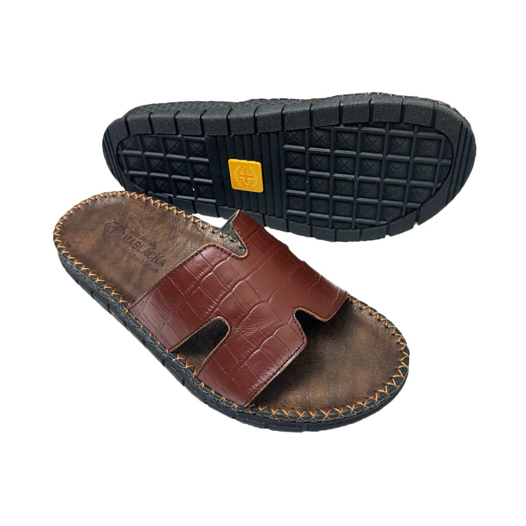 Dép da nam quai ngang chữ h da bò thật,màu Đen sang trọng đế cao 2,5cm AT28