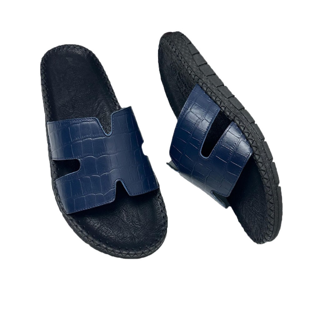 Dép da nam quai ngang chữ h da bò thật,màu Đen sang trọng đế cao 2,5cm AT28