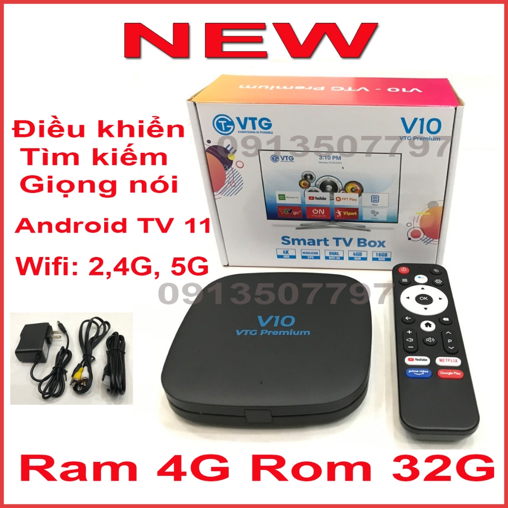 Smarrt TV Box RAM 4Gb ROM 32Gb VTG V10 Premium có Điều Khiển giọng nói, android 11, hình ảnh 4K sắc nét