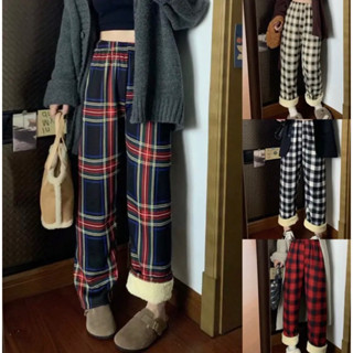 Quần kẻ sọc caro lót lông mềm mại ấm áp- Quần ống rộng kẻ caro lót lông hottrend