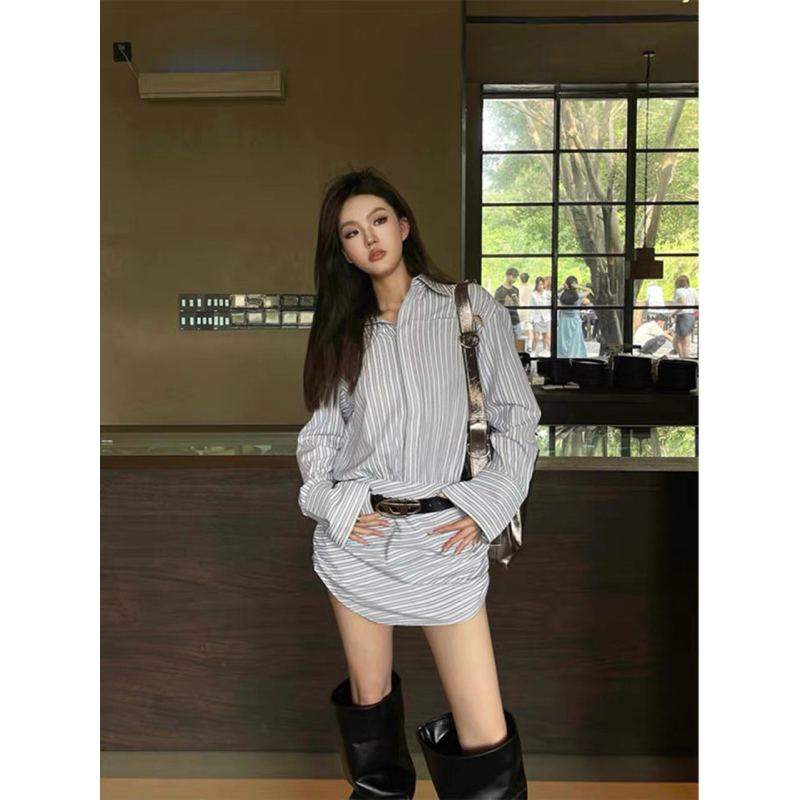 Đầm sơ mi chữ a tay dài hoai tiết kẻ sọc phong cách vintage thời trang cho nữ