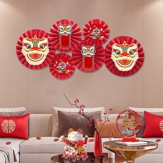 Sét 6 quạt trơn, giấy hoa, đầu lân, song hỷ đỏ trang trí tết