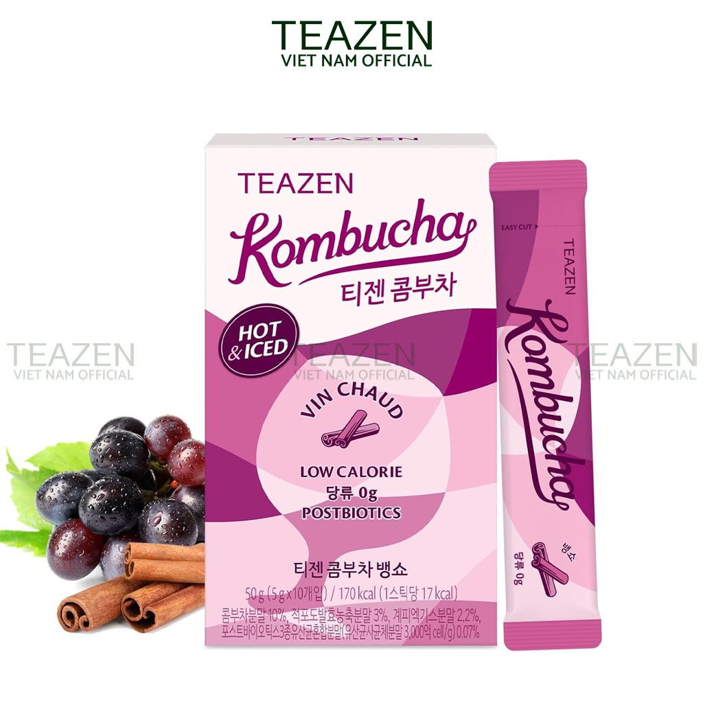 Trà Kombucha Hàn Quốc,Không Đường,Giúp Giảm Căng Thẳng,Teazen Kombucha Mulled Wine Hộp 10 Gói (5G/Gó