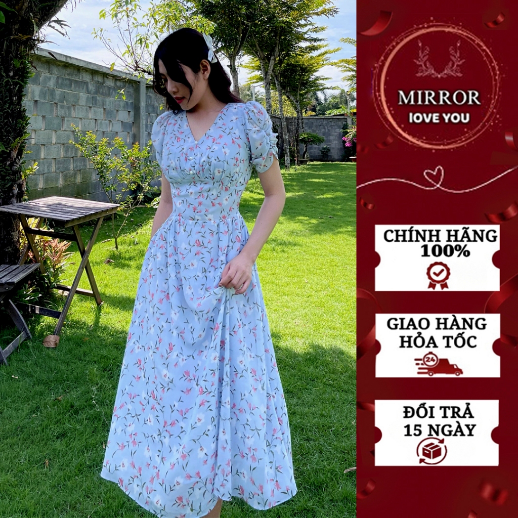 Váy hoa nhí cổ tim đầm thiết kế nữ dễ thương có tay che khuyết điểm đầm công sở đầm đi chơi đầm đi du lịch
