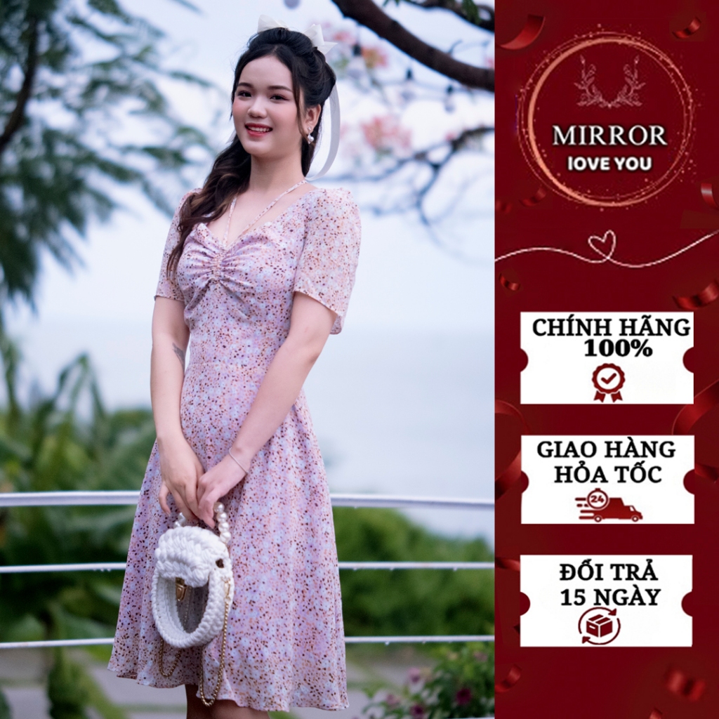 Váy hoa nhí cổ nơ cách điệu đầm thiết kế đầm nữ dáng xoè có tay che khuyết điểm đầm công sở đầm đi chơi đầm đi du lịch