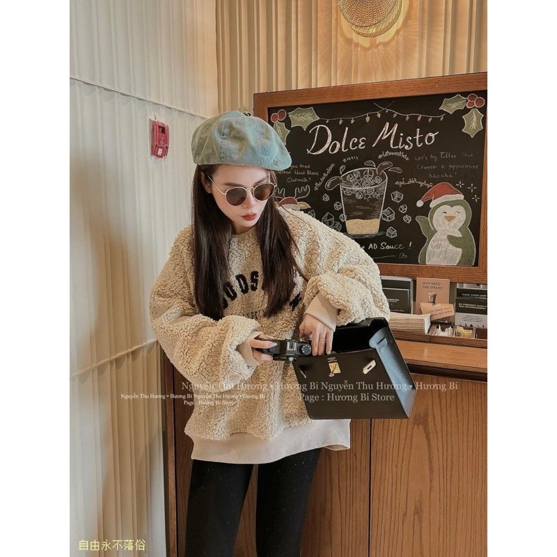 Áo Lông Be WOOSMAN Dài Tay Phối Bo Dày Áo Lông Nữ Mịn Logo Thêu Freesize