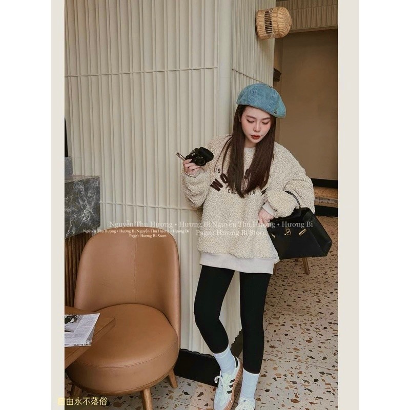 Áo Lông Be WOOSMAN Dài Tay Phối Bo Dày Áo Lông Nữ Mịn Logo Thêu Freesize