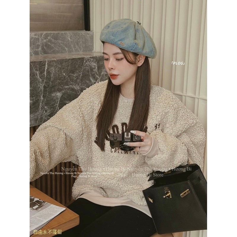 Áo Lông Be WOOSMAN Dài Tay Phối Bo Dày Áo Lông Nữ Mịn Logo Thêu Freesize