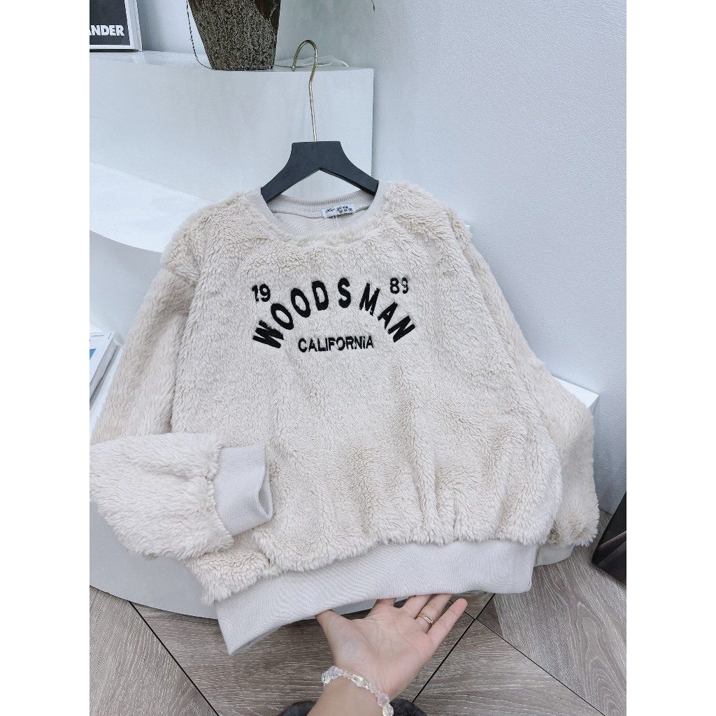 Áo Lông Be WOOSMAN Dài Tay Phối Bo Dày Áo Lông Nữ Mịn Logo Thêu Freesize
