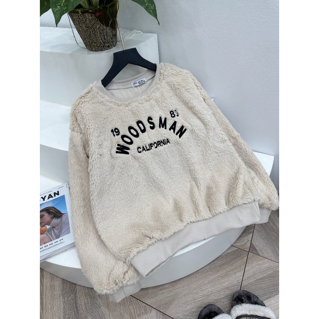 Áo Lông Be WOOSMAN Dài Tay Phối Bo Dày Áo Lông Nữ Mịn Logo Thêu Freesize