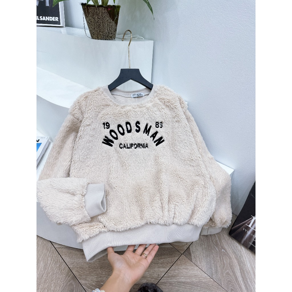 Áo Lông Be WOOSMAN Dài Tay Phối Bo Dày Áo Lông Nữ Mịn Logo Thêu Freesize